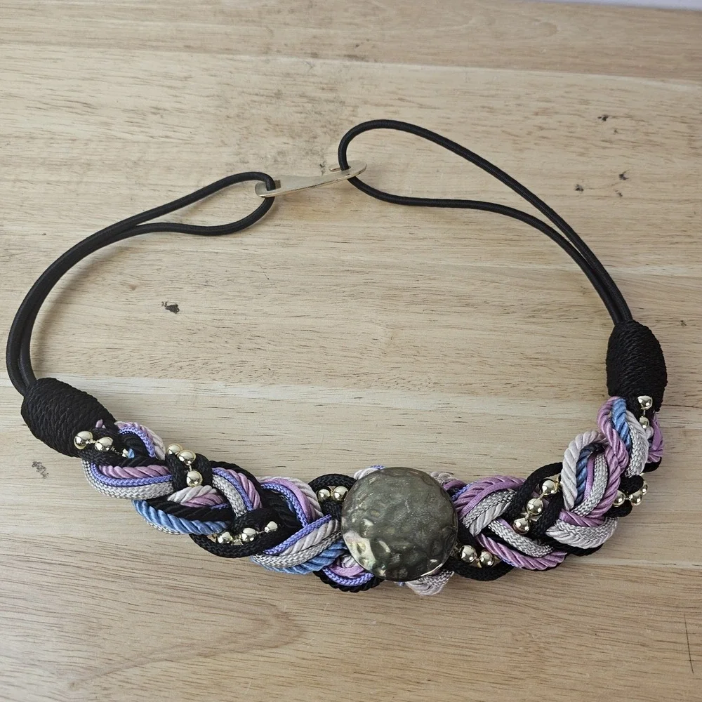 Vintage 1980's Braided Rope Cord Brass Buckle Belt Statement Purple Black Boho‎